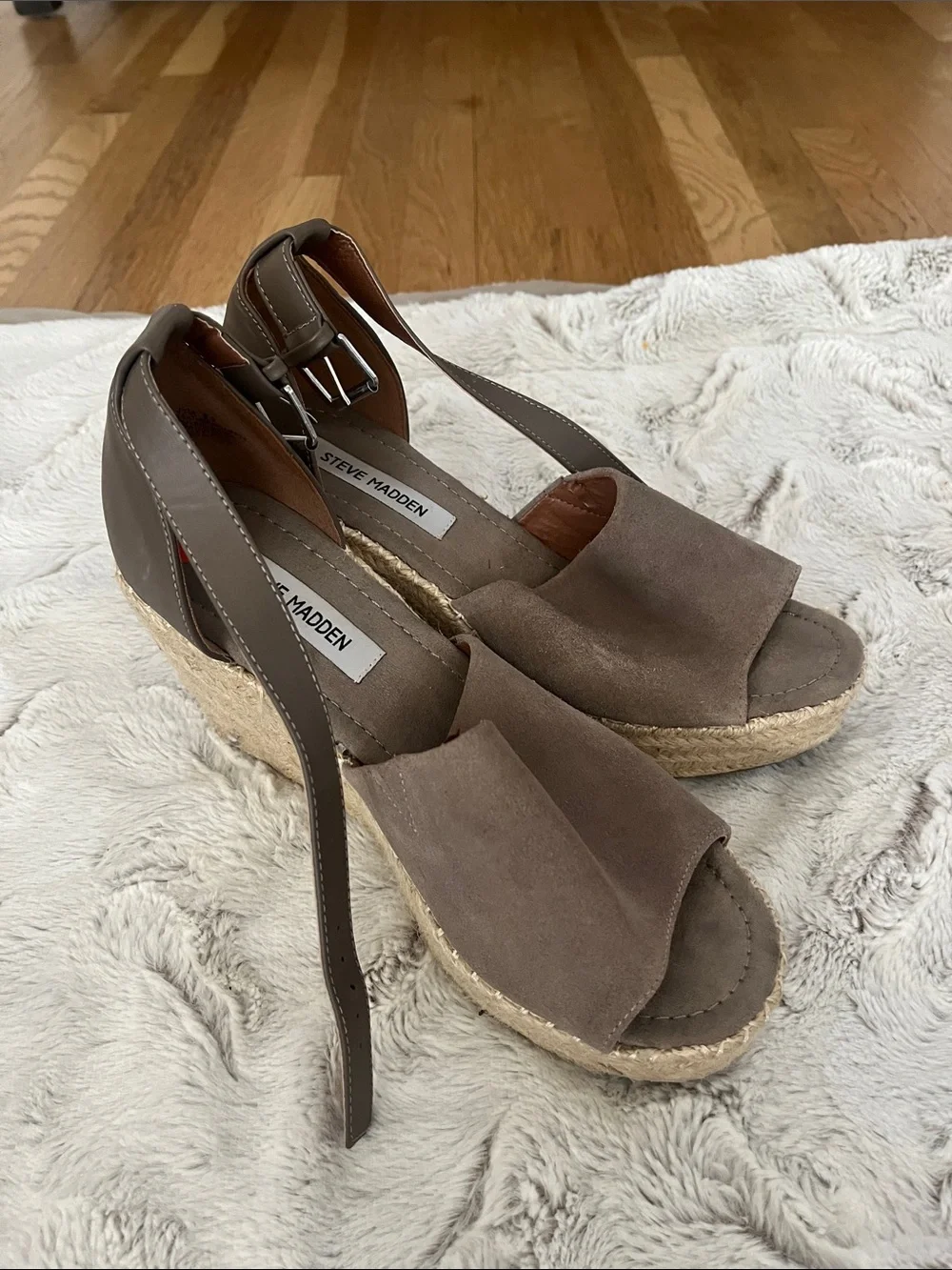 Steve Madden Taupe Suede Espadrille Wedge Sandals with Ankle Strap